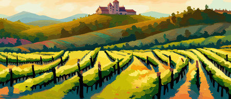 Rural landscape with a beautiful view of distant fields and hills vector illustration.のイラスト素材