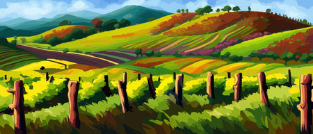 Rural landscape with a beautiful view of distant fields and hills vector illustration.のイラスト素材