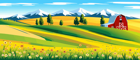 Landscape of green fields of farmland, barns and farms, rural houses. Vector grassland with buildings, green grassのイラスト素材