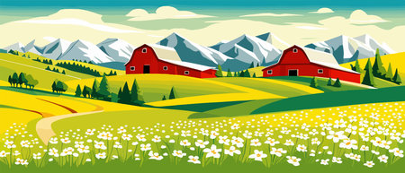 Landscape of green fields of farmland, barns and farms, rural houses. Vector grassland with buildings, green grassのイラスト素材