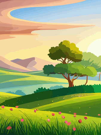 View of a green meadow on the hills with blue sky, vector cartoon spring or summer landscape, panoramic rural mountainのイラスト素材