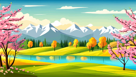 Nature and landscape. Vector illustration of trees, forest, mountains, flowers, plants, field. Picture for backgroundのイラスト素材