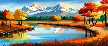 Autumn landscape with trees, mountains, fields, leaves. Rural landscape. Autumn background. Vector illustrationのイラスト素材