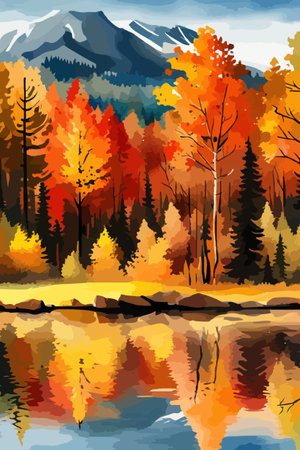 Watercolor landscape. Autumn forest on the lake shore vector illustration autumnal trees on the shore of calm forestのイラスト素材