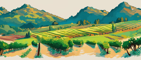 Rural landscape with a beautiful view of distant fields and hills vector illustration.のイラスト素材