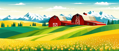 Landscape of green fields of farmland, barns and farms, rural houses. Vector grassland with buildings, green grassのイラスト素材
