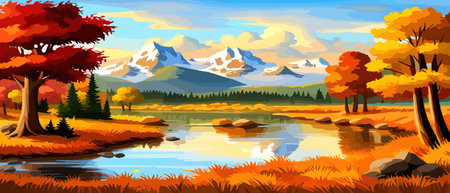 Autumn landscape with trees, mountains, fields, leaves. Rural landscape. Autumn background. Vector illustrationのイラスト素材