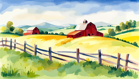 Farm scene with red barn dirt road and farm with red barn wildflowers, spring landscape. Vector illustration Farmのイラスト素材