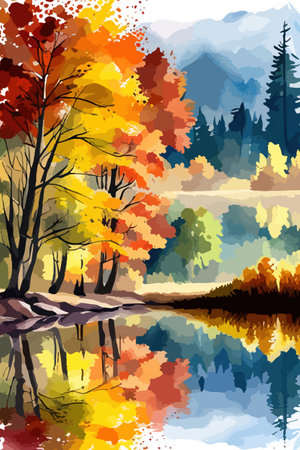 Watercolor landscape. Autumn forest on the lake shore vector illustration autumnal trees on the shore of calm forestのイラスト素材