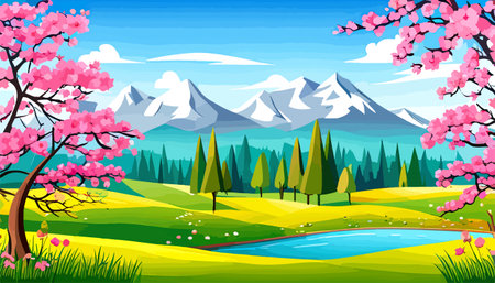 Nature and landscape. Vector illustration of trees, forest, mountains, flowers, plants, field. Picture for backgroundのイラスト素材