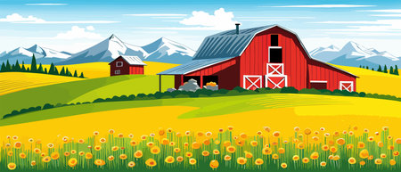 Landscape of green fields of farmland, barns and farms, rural houses. Vector grassland with buildings, green grassのイラスト素材