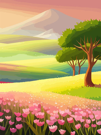 View of a green meadow on the hills with blue sky, vector cartoon spring or summer landscape, panoramic rural mountainのイラスト素材