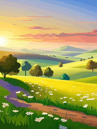 View of a green meadow on the hills with blue sky, vector cartoon spring or summer landscape, panoramic rural mountainのイラスト素材