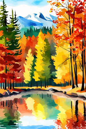 Watercolor landscape. Autumn forest on the lake shore vector illustration autumnal trees on the shore of calm forestのイラスト素材