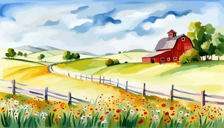 Farm scene with red barn dirt road and farm with red barn wildflowers, spring landscape. Vector illustration Farmのイラスト素材