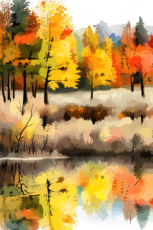 Watercolor landscape. Autumn forest on the lake shore vector illustration autumnal trees on the shore of calm forestのイラスト素材