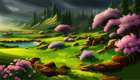 Vector illustration of a landscape with a field of blooming bright flowers, distant misty mountains on the horizonのイラスト素材