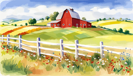 Farm scene with red barn dirt road and farm with red barn wildflowers, spring landscape. Vector illustration Farmのイラスト素材