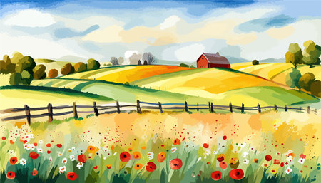 Farm scene with red barn dirt road and farm with red barn wildflowers, spring landscape. Vector illustration Farmのイラスト素材
