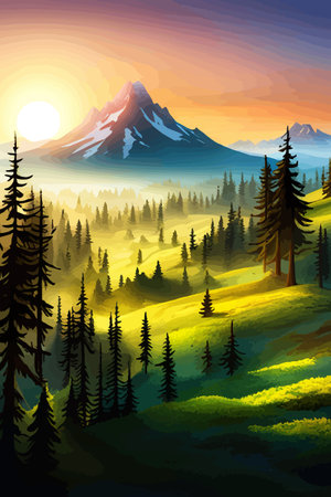 Landscape of mountains and green hills. Summer nature landscape with rocks, forest, grass, sun, sky and clouds.のイラスト素材