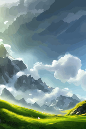 Flat natural view of green plants, flowers and mountains. spring landscape. spring landscape in green field colorfulのイラスト素材