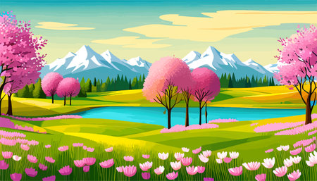 Nature and landscape. Vector illustration of trees, forest, mountains, flowers, plants, field. Picture for backgroundのイラスト素材