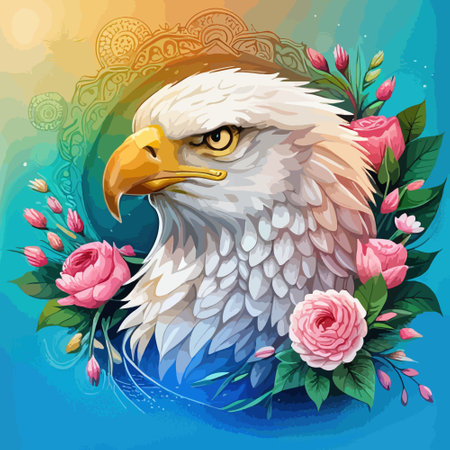 Stunning illustration of an eagle with a floral ornament. Multicolored surreal elements. close-up vector illustration.のイラスト素材