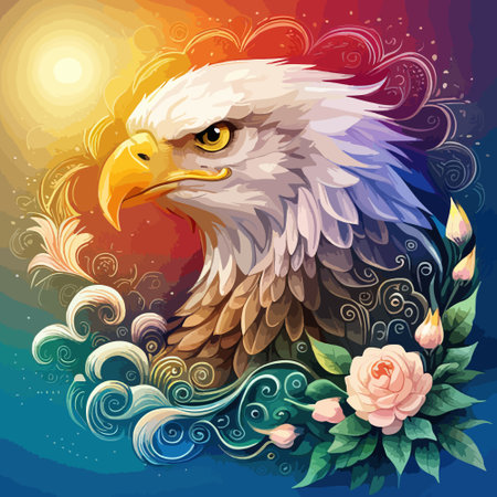 Stunning illustration of an eagle with a floral ornament. Multicolored surreal elements. close-up vector illustration.のイラスト素材