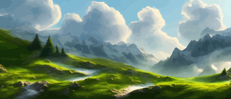 Flat natural view of green plants, flowers and mountains. Spring landscape. Spring landscape in green field colorfulのイラスト素材