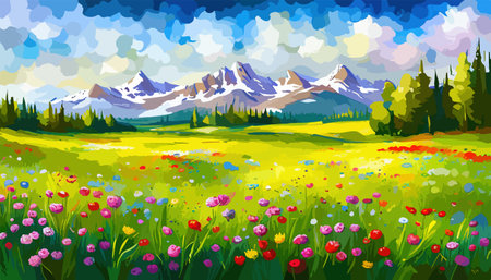 Oil painting wild flowers, cornflower, chamomile fields.のイラスト素材