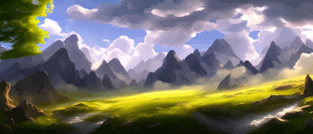 Flat natural view of green plants, flowers and mountains. Spring landscape. Spring landscape in green field colorfulのイラスト素材