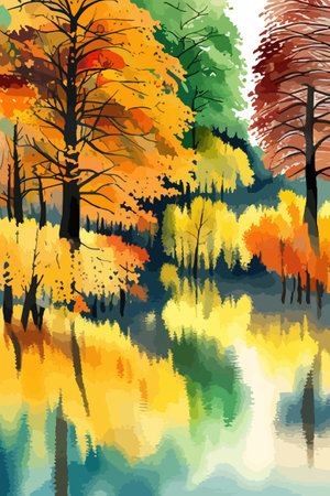 Watercolor landscape. Autumn forest on the lake shore vector illustration autumnal trees on the shore of calm forestのイラスト素材