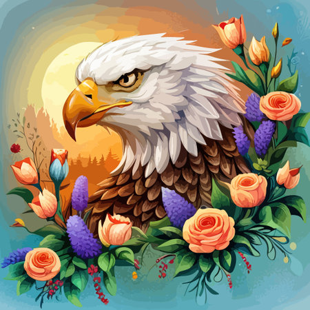 Stunning illustration of an eagle with a floral ornament. Multicolored surreal elements. close-up vector illustration.のイラスト素材