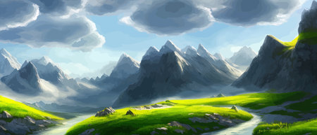 Flat natural view of green plants, flowers and mountains. Spring landscape. Spring landscape in green field colorfulのイラスト素材