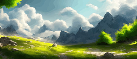 Flat natural view of green plants, flowers and mountains. Spring landscape. Spring landscape in green field colorfulのイラスト素材