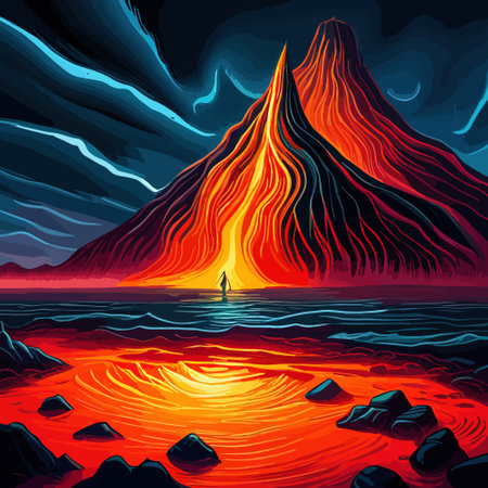 Volcano crater eruption with red-hot glowing magma, active volcanic explosion with lava, splashes, rocks, flashesのイラスト素材
