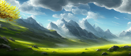 Flat natural view of green plants, flowers and mountains. Spring landscape. Spring landscape in green field colorfulのイラスト素材
