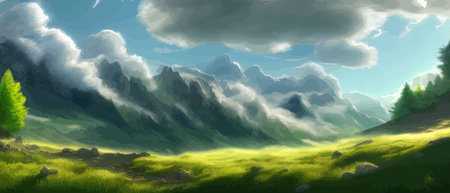Flat natural view of green plants, flowers and mountains. Spring landscape. Spring landscape in green field colorfulのイラスト素材