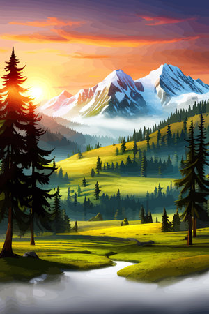 Landscape of mountains and green hills. Summer nature landscape with rocks, forest, grass, sun, sky and clouds.のイラスト素材