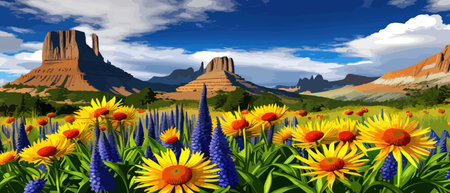 Beautiful enchanted landscape. Fantasy garden background. Magic meadow with spring blooming trees. Round frameのイラスト素材