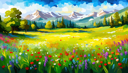 Oil painting wild flowers, cornflower, chamomile fields.のイラスト素材