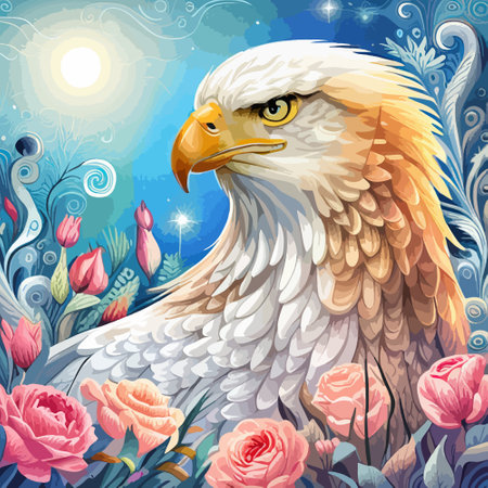Stunning illustration of an eagle with a floral ornament. Multicolored surreal elements. close-up vector illustration.のイラスト素材