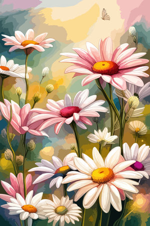 Field spring wildflowers chamomile close-up with flying butterflies, illuminated in the morning, vector illustrationのイラスト素材