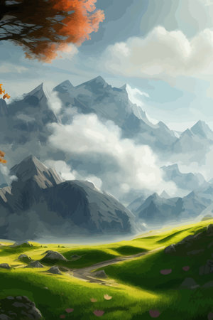 Flat natural view of green plants, flowers and mountains. spring landscape. spring landscape in green field colorfulのイラスト素材