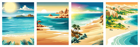 Top view of the summer sea beach. Top view of the ocean beach with soft waves. Beautiful background with shellsのイラスト素材