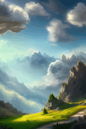 Flat natural view of green plants, flowers and mountains. spring landscape. spring landscape in green field colorfulのイラスト素材