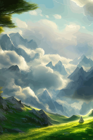 Flat natural view of green plants, flowers and mountains. spring landscape. spring landscape in green field colorfulのイラスト素材