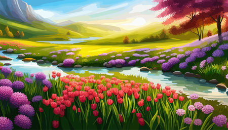 Vector illustration of a landscape with a field of blooming bright flowers, distant misty mountains on the horizonのイラスト素材