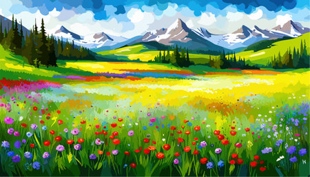 Oil painting wild flowers, cornflower, chamomile fields.のイラスト素材