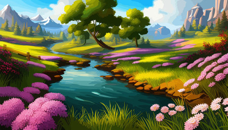 Vector illustration of a landscape with a field of blooming bright flowers, distant misty mountains on the horizonのイラスト素材
